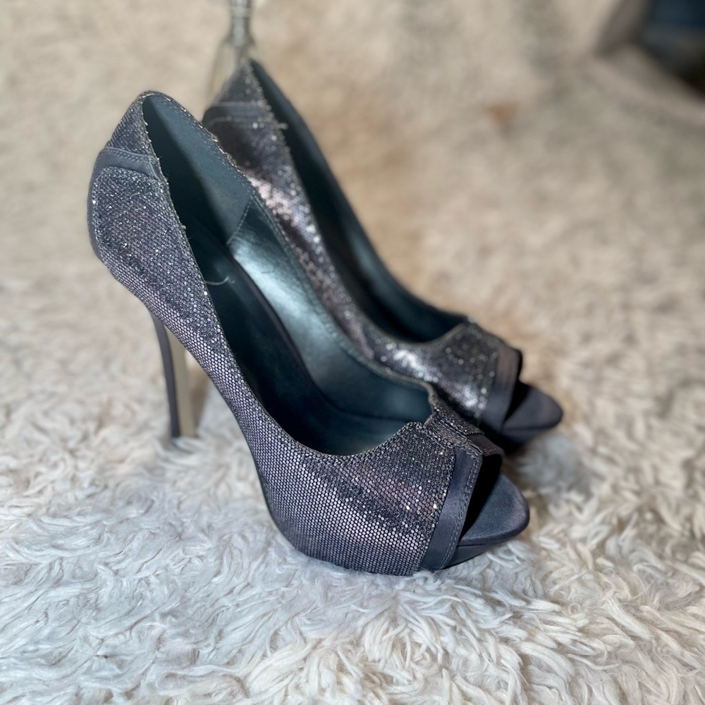 Silver Sequin Open Toe Pumps